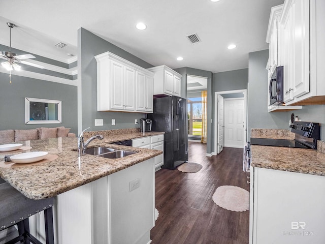 17163 Feder Dr, Foley, AL 36535 - kitchen featuring white cabinetry, a sink, light stone counters, a peninsula, and black appliances
