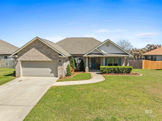 17163 Feder Dr, Foley, AL 36535 - craftsman inspired home with concrete driveway, fence, an attached garage, a front lawn, and brick siding