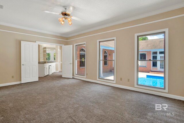 6805 Hunters Ct, Mobile, AL 36695 - unfurnished room featuring carpet floors, ornamental molding, a ceiling fan, and baseboards