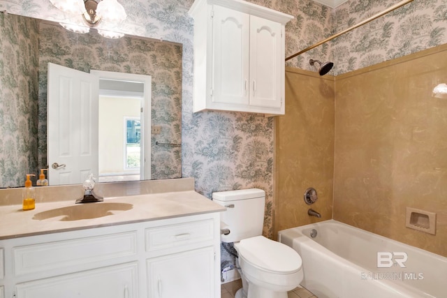 6805 Hunters Ct, Mobile, AL 36695 - full bathroom with wallpapered walls, vanity, toilet, bathing tub / shower combination, and a chandelier