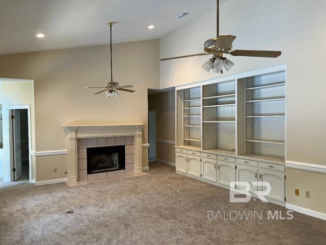 6805 Hunters Ct, Mobile, AL 36695 - unfurnished living room featuring ceiling fan, light colored carpet, a fireplace, baseboards, and recessed lighting