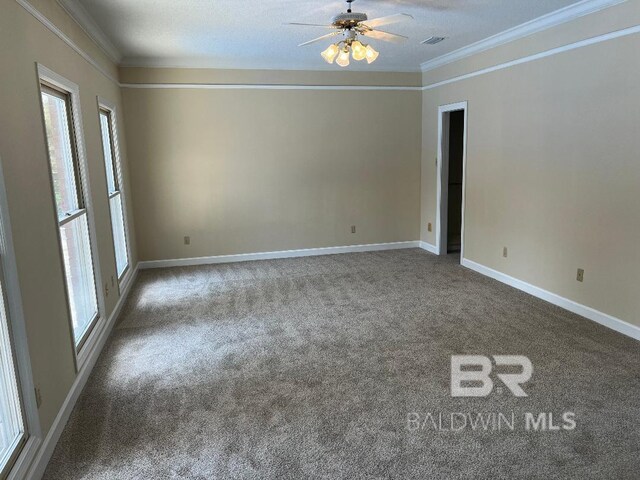 6805 Hunters Ct, Mobile, AL 36695 - carpeted spare room with ornamental molding, ceiling fan, and baseboards