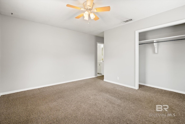 unfurnished bedroom featuring a closet, ceiling fan, and carpet flooring