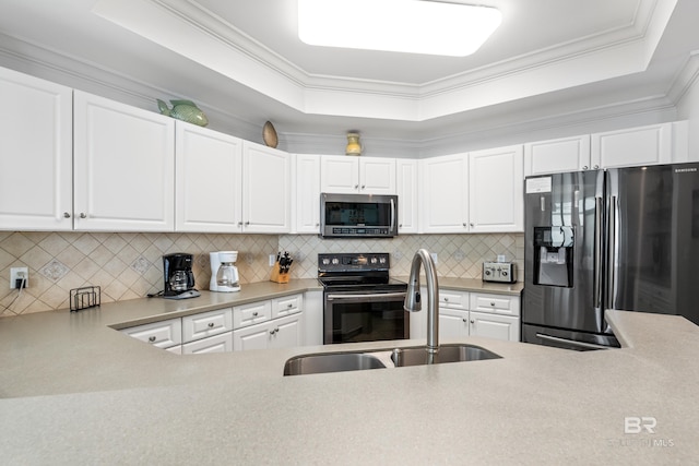 kitchen featuring a sink, appliances with stainless steel finishes, white cabinetry, and a raised ceiling