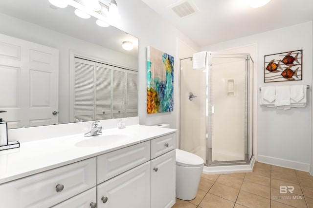 full bath featuring visible vents, a stall shower, tile patterned floors, and toilet