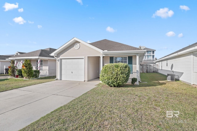 single story home with central AC, a garage, and a front lawn