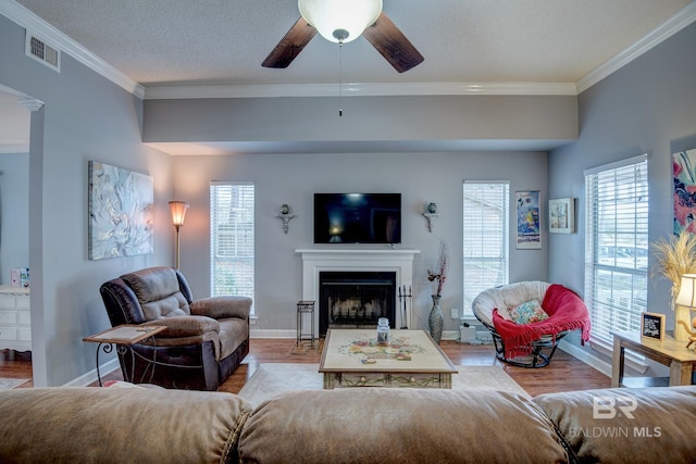 living room featuring crown molding, ceiling fan, a textured ceiling, and light wood-type flooring