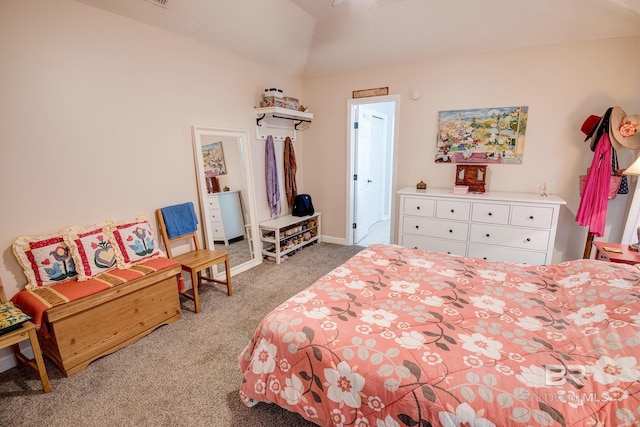 bedroom featuring light carpet and lofted ceiling