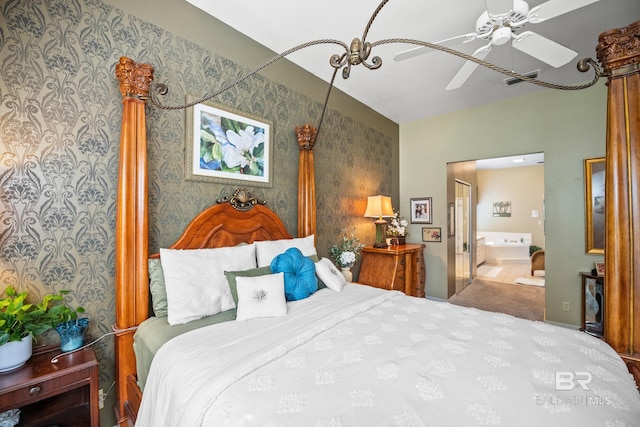 11346 County Road 99, Lillian, AL 36549 - bedroom featuring wallpapered walls, ensuite bathroom, carpet flooring, and a ceiling fan
