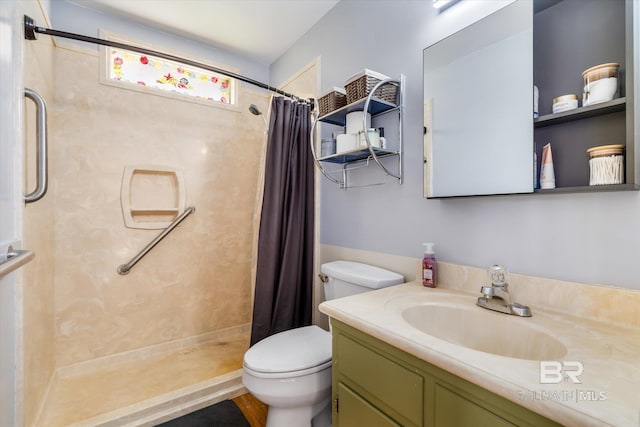 bathroom with toilet, curtained shower, and vanity