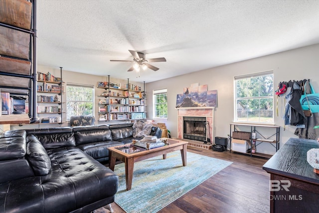 living room featuring a textured ceiling, plenty of natural light, and dark hardwood / wood-style flooring