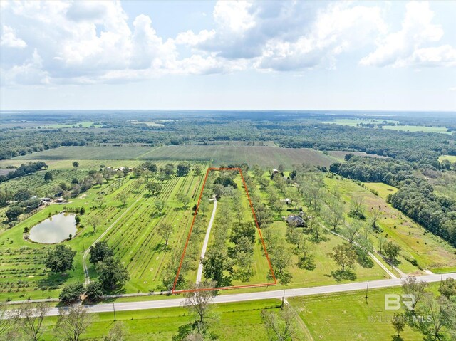 drone / aerial view with a water view and a rural view