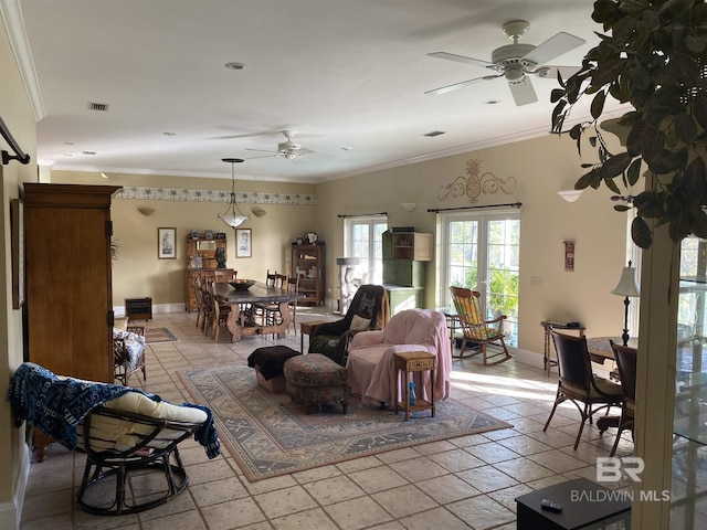 living room featuring ceiling fan and tile floors