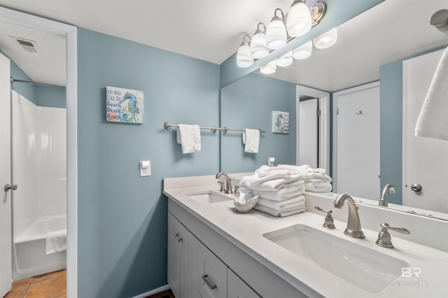 full bathroom with tile patterned floors, visible vents, double vanity, and a sink