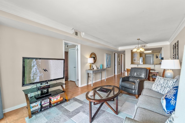 tiled living room featuring baseboards, visible vents, an inviting chandelier, and crown molding