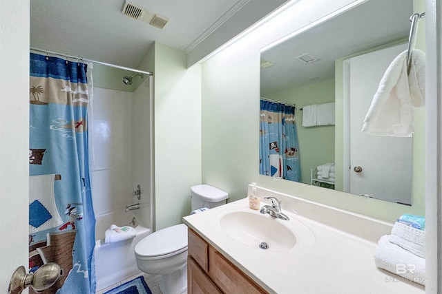 bathroom featuring vanity, toilet, shower / tub combo, and visible vents