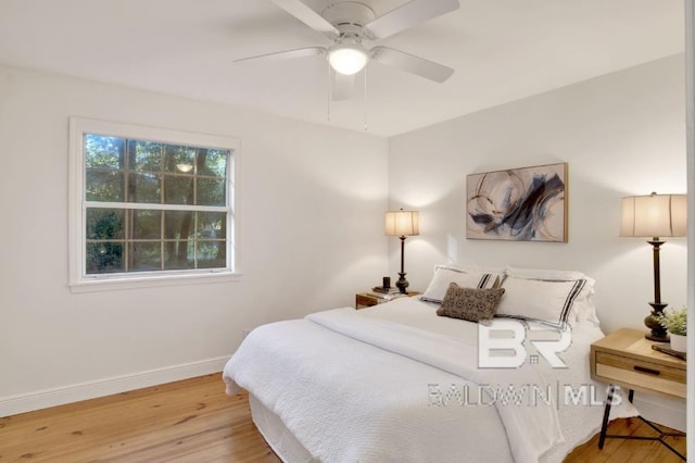 bedroom featuring ceiling fan and light hardwood / wood-style floors