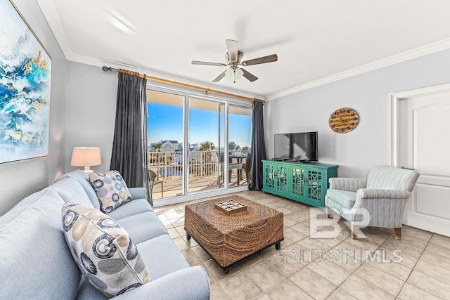 tiled living room featuring a ceiling fan and crown molding