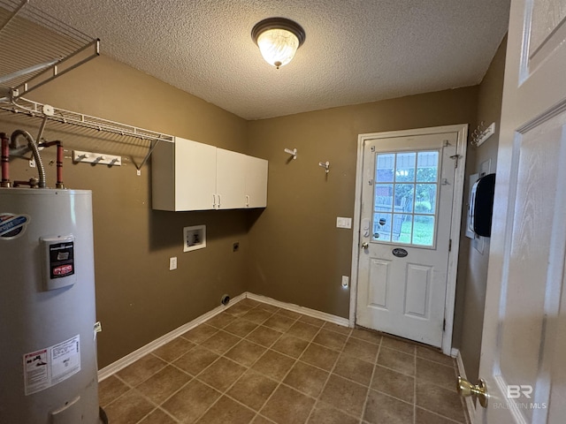 43265 Jones Rd, Bay Minette, AL 36507 - laundry area with electric water heater, cabinet space, electric dryer hookup, a textured ceiling, and dark tile patterned flooring