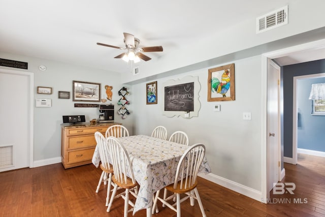 dining room featuring dark wood finished floors, visible vents, baseboards, and ceiling fan