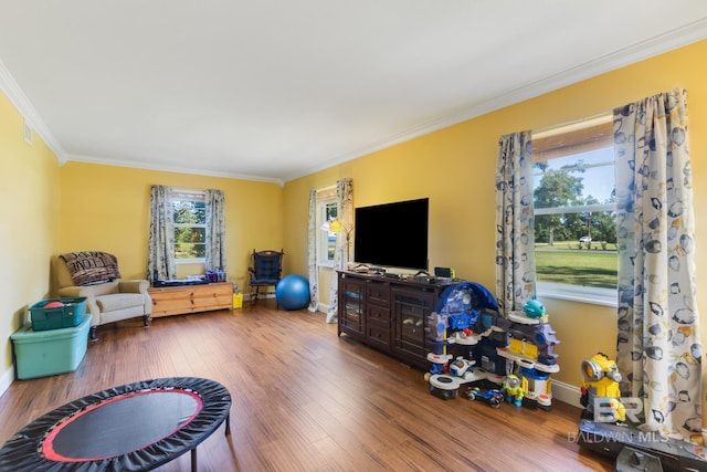 interior space with wood finished floors, visible vents, baseboards, and ornamental molding