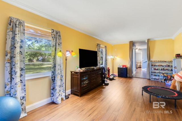 living room featuring baseboards, ornamental molding, and wood finished floors
