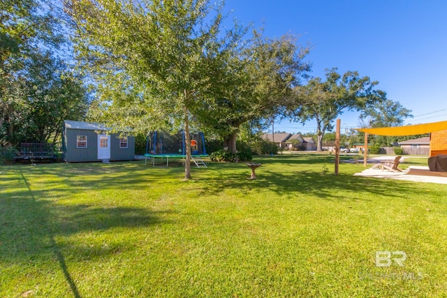 view of yard with a patio, a storage unit, an outdoor structure, and a trampoline