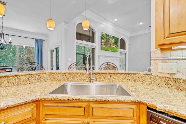 30230 Dolive Rdg, Daphne, AL 36527 - kitchen with dishwasher, crown molding, light stone countertops, backsplash, and a chandelier