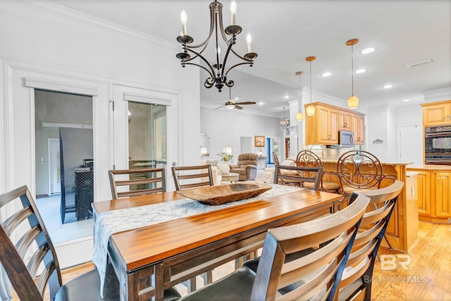 30230 Dolive Rdg, Daphne, AL 36527 - dining room with ornamental molding, a chandelier, light wood-style flooring, recessed lighting, and a ceiling fan