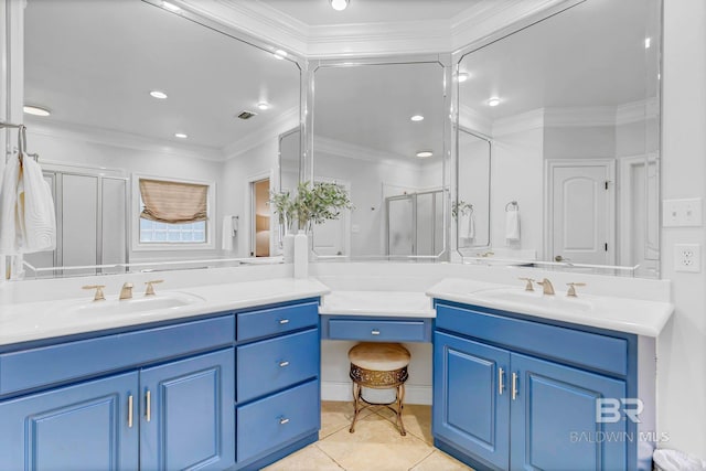 30230 Dolive Rdg, Daphne, AL 36527 - full bathroom featuring vanity, a stall shower, tile patterned floors, crown molding, and recessed lighting
