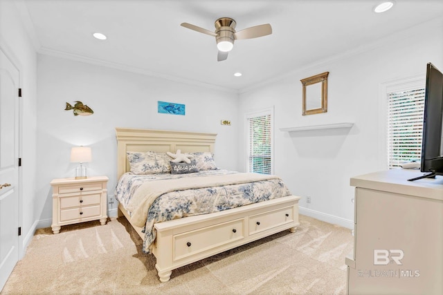 30230 Dolive Rdg, Daphne, AL 36527 - bedroom with light colored carpet, ornamental molding, recessed lighting, and ceiling fan