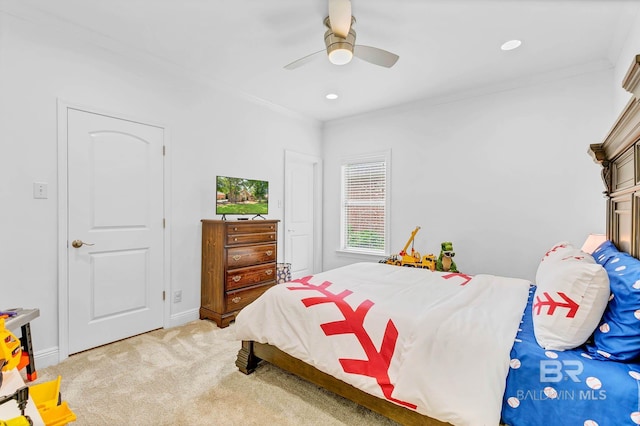 30230 Dolive Rdg, Daphne, AL 36527 - bedroom featuring light colored carpet, ornamental molding, a ceiling fan, and recessed lighting
