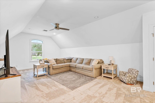 30230 Dolive Rdg, Daphne, AL 36527 - living area featuring carpet floors, vaulted ceiling, and ceiling fan