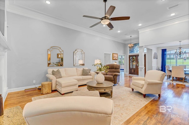 30230 Dolive Rdg, Daphne, AL 36527 - living room with a chandelier, wood finished floors, recessed lighting, ornamental molding, and ceiling fan