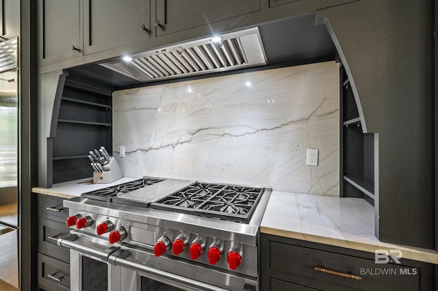 kitchen with premium range hood, light countertops, range with two ovens, and open shelves