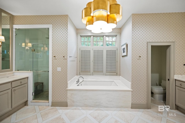 full bathroom featuring tile patterned floors, vanity, and wallpapered walls