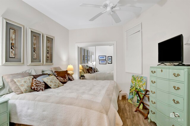 bedroom with ceiling fan and wood-type flooring