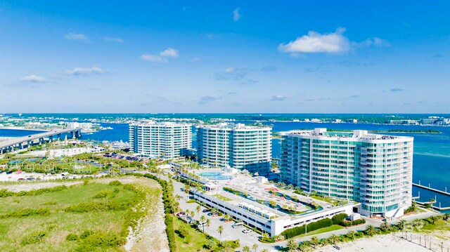 bird's eye view with a water view