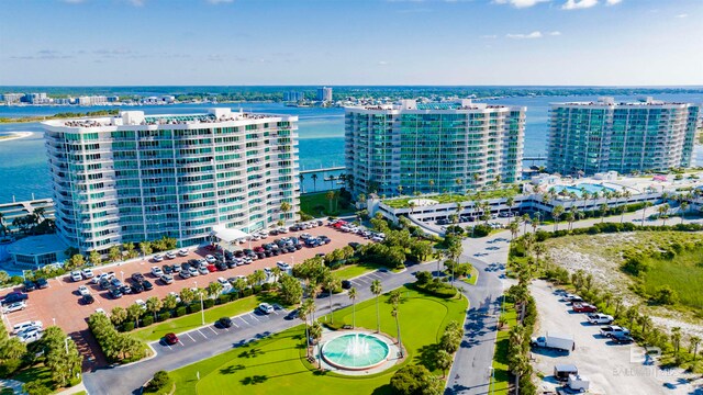 bird's eye view with a water view