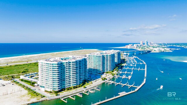 drone / aerial view with a water view and a beach view