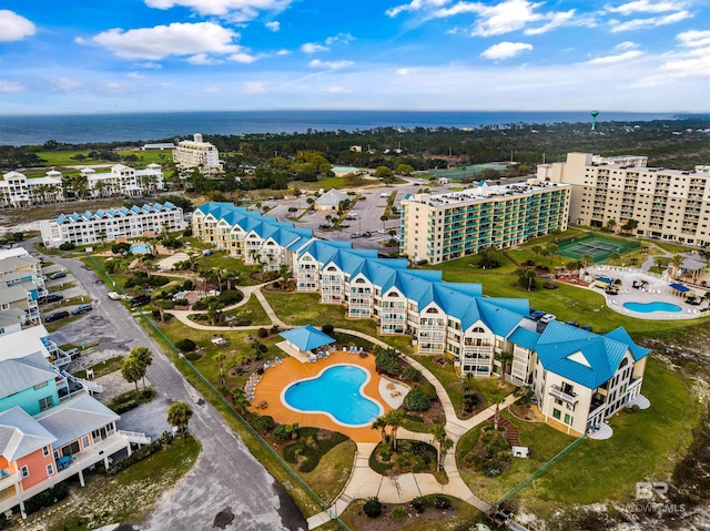 aerial view featuring a water view