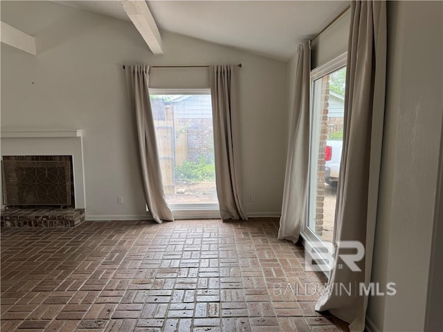 159 W Conway Dr, Mobile, AL 36608 - unfurnished living room with baseboards, brick floors, and a brick fireplace