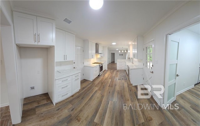 159 W Conway Dr, Mobile, AL 36608 - kitchen with stainless steel gas range oven, white cabinets, dark wood-style flooring, ornamental molding, and recessed lighting