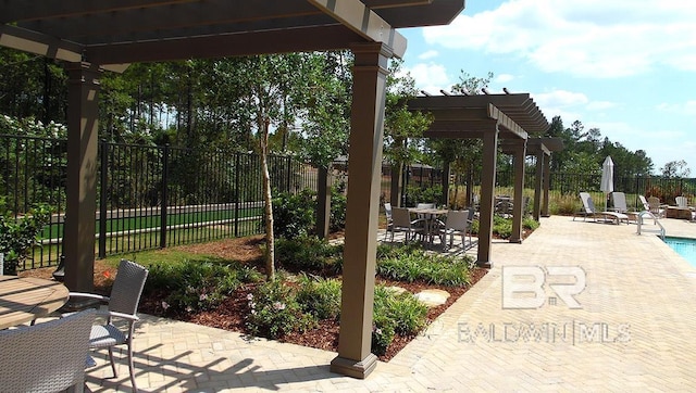 view of patio / terrace featuring a fenced in pool and a pergola