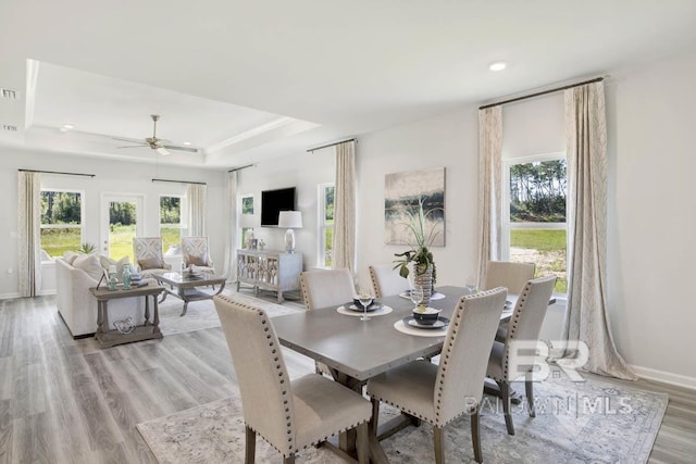 dining room featuring light wood-type flooring, a tray ceiling, and ceiling fan