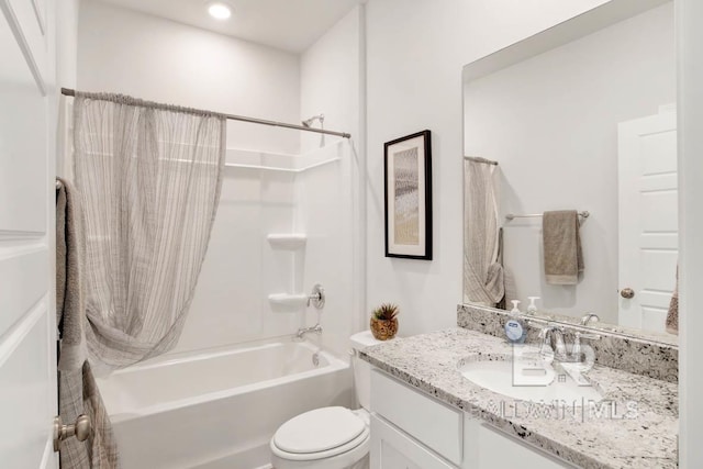 full bathroom with shower / tub combo, vanity, and toilet