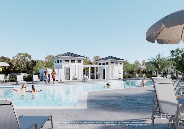 view of swimming pool with a patio area and an outdoor structure