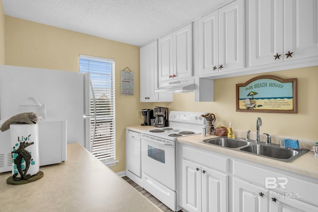 kitchen with white appliances, ventilation hood, sink, a textured ceiling, and white cabinetry