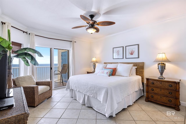 bedroom with light tile patterned floors, access to exterior, ornamental molding, and ceiling fan