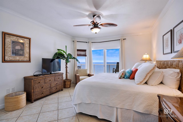 bedroom featuring access to outside, crown molding, light tile patterned floors, and ceiling fan
